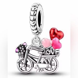 Silver Love Bicycle Dangle Charm with Red and Pink Hearts